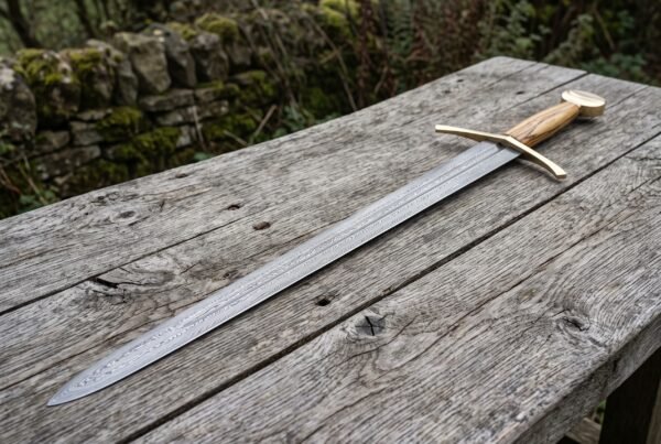 Damascus steel longsword with olive wood grip and brass fittings laid full length across a rustic table by a stone wall