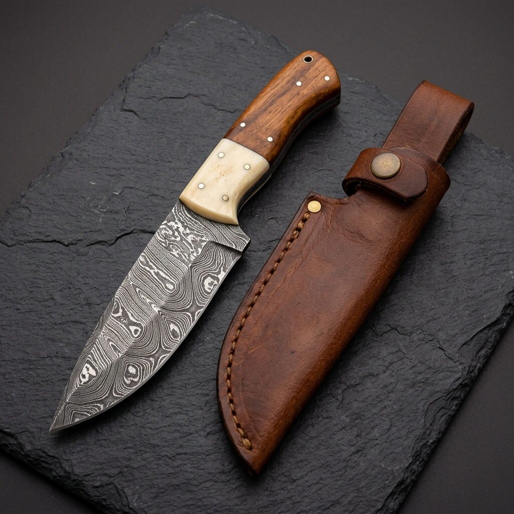 Damascus steel skinner knife with camel bone and wood handle beside its brown leather sheath on dark slate Damascus steel skinner knife with camel bone and wood handle beside its brown leather sheath on dark slate