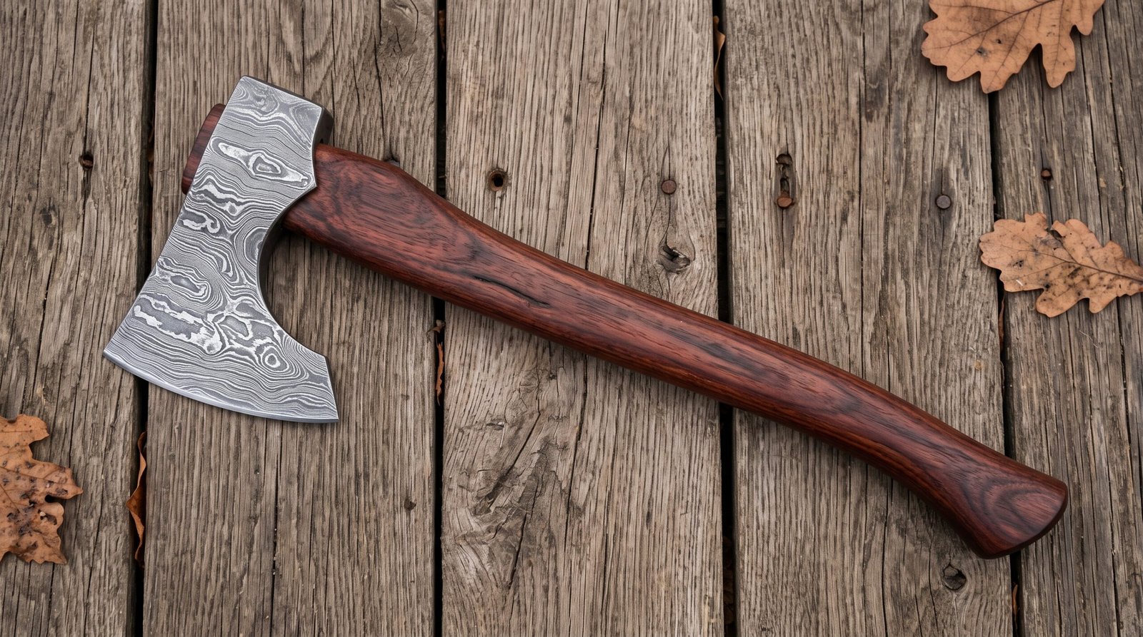 Damascus steel tomahawk axe with a long curved wooden handle lying on weathered planks with fallen oak leaves Damascus steel tomahawk axe with a long curved wooden handle lying on weathered planks with fallen oak leaves