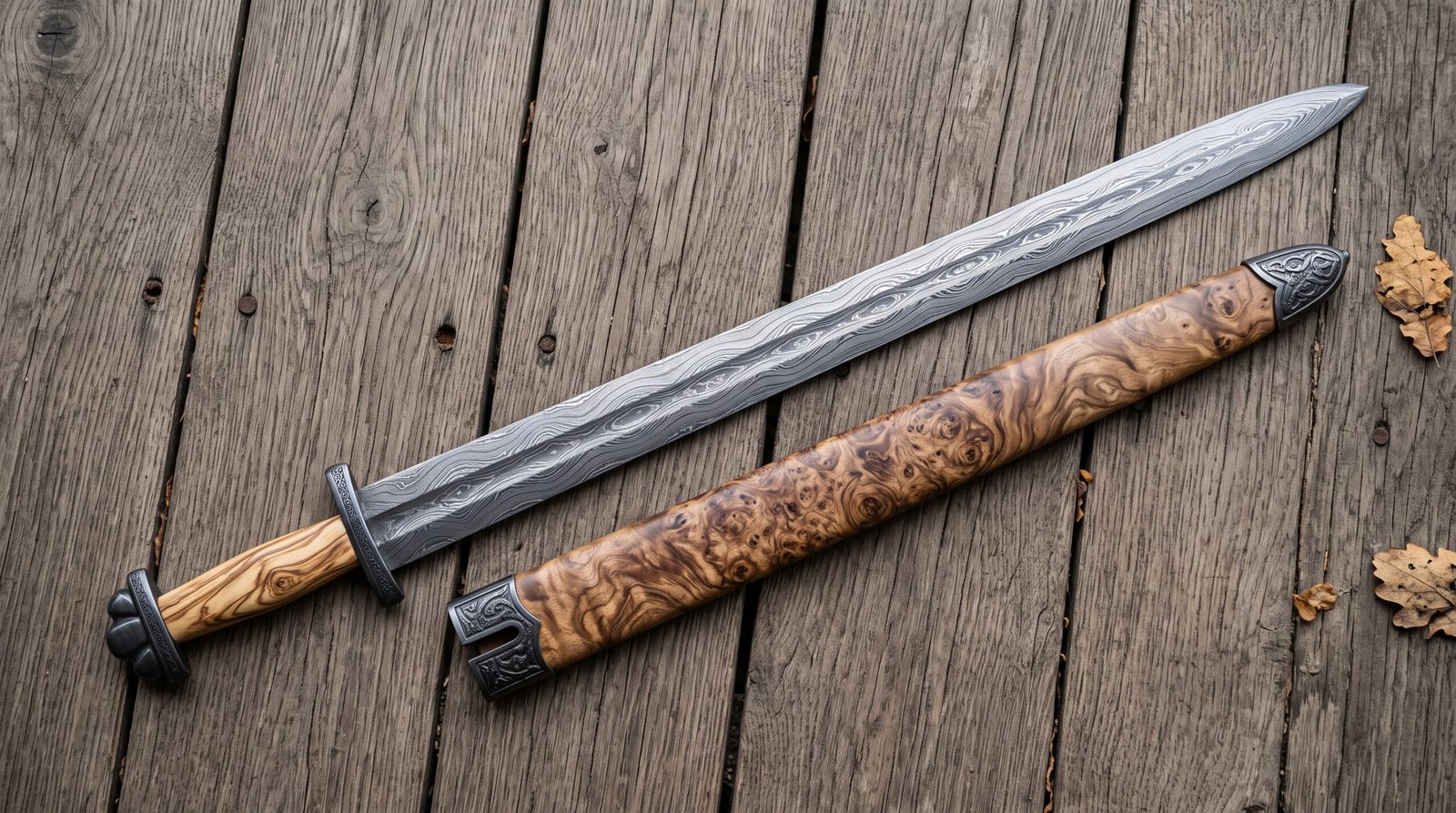 Damascus steel Viking sword and olive burl scabbard with carved steel fittings laid side by side on old wooden boards Damascus steel Viking sword and olive burl scabbard with carved steel fittings laid side by side on old wooden boards