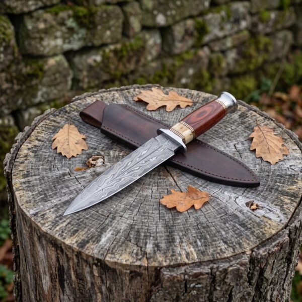 Double edged Damascus dagger with wood and bone handle lying across its dark leather sheath on a tree stump