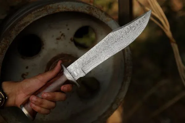Damascus Bowie Knife — Hand-Forged, Wood Handle, Leather Sheath (RK-492) - view 2