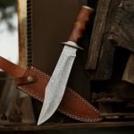 Damascus Bowie Knife — Hand-Forged, Wood Handle, Leather Sheath (RK-492)
