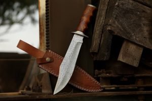 Damascus Bowie Knife, Hand-Forged, Wood Handle, Leather Sheath (RK-492)