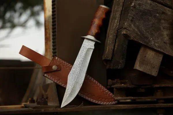 Damascus Bowie Knife — Hand-Forged, Wood Handle, Leather Sheath (RK-492)