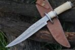 Damascus Bowie Knife — Hand-Forged, Camel Bone Handle, Leather Sheath (RK-489)