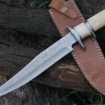 Damascus Bowie Knife — Hand-Forged, Camel Bone Handle, Leather Sheath (RK-489)