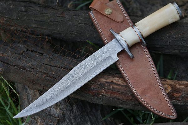 RK-489 Damascus Hunting Bowie Camping Knife Damascus Steel Knives Camel Bone Handle Best Knife Collection Gift For Him , Her USA made