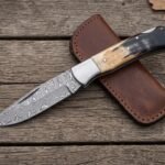 Bullhorn Hand Forged Damascus Folding Pocket Knife with Camel Bone and Bull Horn Handle & Cowhide Leather Sheath | Everyday Carry Collector Gift | RK-426