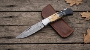Damascus folding pocket knife lying open on old wooden boards across a brown leather sheath with oak leaves