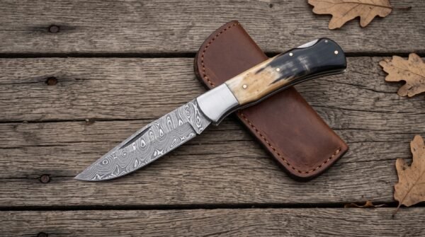 Damascus folding pocket knife lying open on old wooden boards across a brown leather sheath with oak leaves