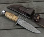 Damascus Camp Knife — Hand-Forged, Stag Horn Handle, Leather Sheath (RK-494)