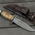 Damascus Camp Knife — Hand-Forged, Stag Horn Handle, Leather Sheath (RK-494)