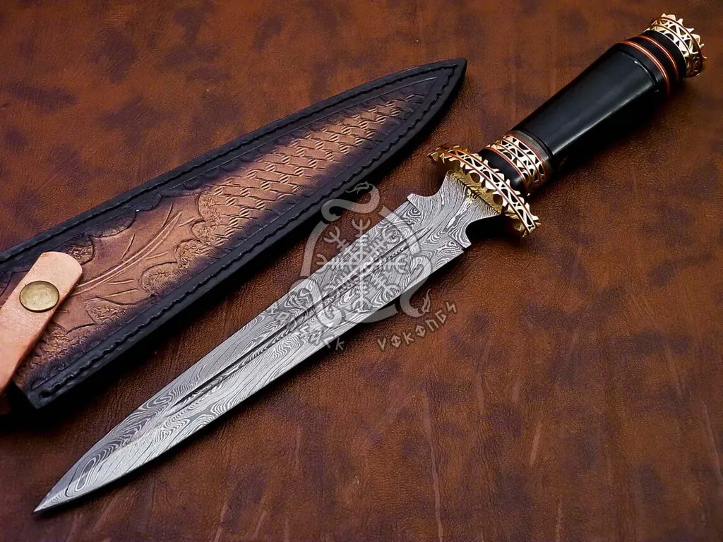 Damascus Dagger Knife — Hand-Forged, Stag Horn Handle, Leather Sheath - view 2