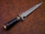 Damascus Dagger Knife — Hand-Forged, Stag Horn Handle, Leather Sheath - Image 3