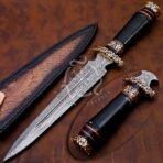 Damascus Dagger Knife — Hand-Forged, Stag Horn Handle, Leather Sheath