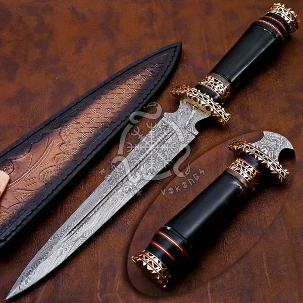 Damascus Dagger Knife — Hand-Forged, Stag Horn Handle, Leather Sheath