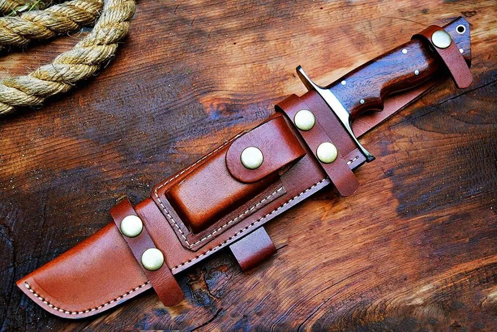 Damascus Bowie Knife — Hand-Forged, 14″ Overall, Rosewood Handle, Leather Sheath | Engraving Available - view 2