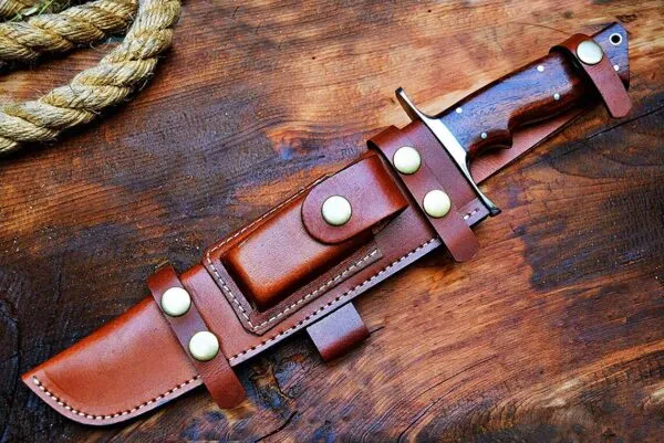 Damascus Bowie Knife — Hand-Forged, 14″ Overall, Rosewood Handle, Leather Sheath | Engraving Available - view 2
