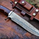 Damascus Bowie Knife — Hand-Forged, 14" Overall, Rosewood Handle, Leather Sheath | Engraving Available