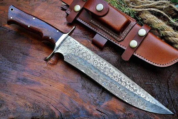 Damascus Bowie Knife — Hand-Forged, 14″ Overall, Rosewood Handle, Leather Sheath | Engraving Available