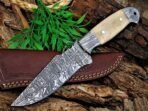 Damascus Skinner Knife — Hand-Forged, Stag Horn Handle, Leather Sheath (RK-497)