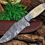 Damascus Skinner Knife — Hand-Forged, Stag Horn Handle, Leather Sheath (RK-497)