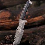 Damascus Tracker Knife — Hand-Forged, Wood Handle, Leather Sheath