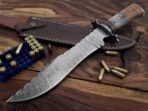 Damascus Bowie Knife — Hand-Forged, 17" Overall, Rosewood Handle, Leather Sheath | Engraving Available
