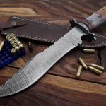 Damascus Bowie Knife — Hand-Forged, 17" Overall, Rosewood Handle, Leather Sheath | Engraving Available
