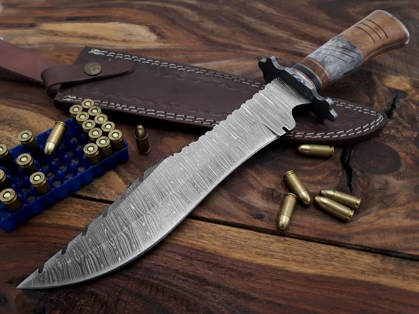 RK-484 17" Damascus Steel Knife Handmade Bowie Knife, Fixed Blade knife Hunting Knife, Prime Quality Rose Wood Handle, Personalized gift USA Made