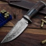 Damascus Camp Knife — Hand-Forged, Stag Horn Handle, Leather Sheath (RK-485)