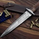 Damascus Dagger Knife — Hand-Forged, Rosewood Handle, Leather Sheath
