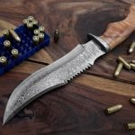Damascus Bowie Knife — Hand-Forged, Rosewood Handle, Leather Sheath | Engraving Available
