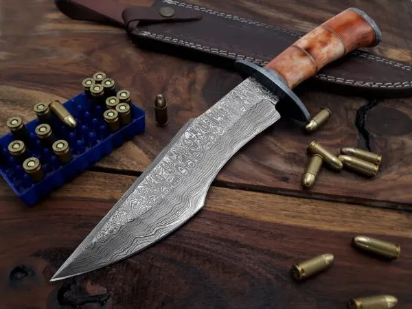 Damascus Bowie Knife — Hand-Forged, Camel Bone Handle, Leather Sheath (RK-488)