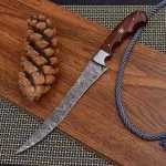 Damascus Fish Fillet Knife — Hand-Forged, Wood Handle, Leather Sheath (RK-480)