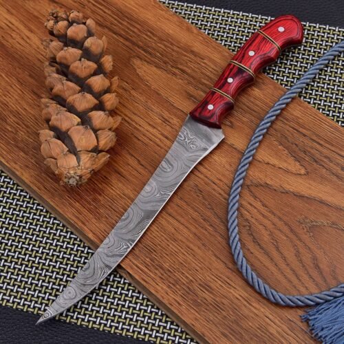 RK-479 Beautiful Damascus Fillet Knife Fishing Knives Custom Made Hunting Fish Knives Utility Knife Chef’s Wood Handle Best Gift For Fish Lover USA Made