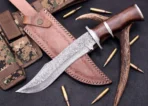 Damascus Bowie Knife — Hand-Forged, Wood Handle, Leather Sheath (RK-467)