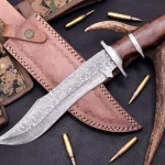 Damascus Bowie Knife — Hand-Forged, Wood Handle, Leather Sheath (RK-467)