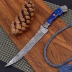 Damascus Fish Fillet Knife — Hand-Forged, Resin Handle, Leather Sheath