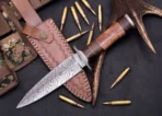 Damascus Dagger Knife — Hand-Forged, Wood Handle, Leather Sheath