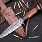 Damascus Dagger Knife — Hand-Forged, Wood Handle, Leather Sheath