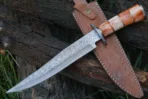Damascus Bowie Knife — Hand-Forged, Bone Handle, Leather Sheath (RK-491)