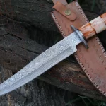 Damascus Bowie Knife — Hand-Forged, Bone Handle, Leather Sheath (RK-491)