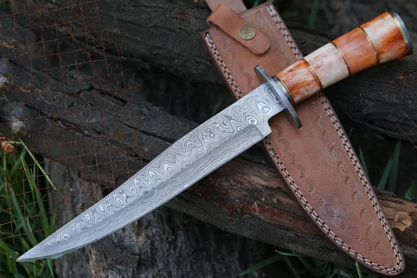 RK-491 Color Bone Damascus Hunting Bowie Camping Knife Damascus Steel Knives Beautiful Art Best Knife Collection Gift For Him , Her USA made