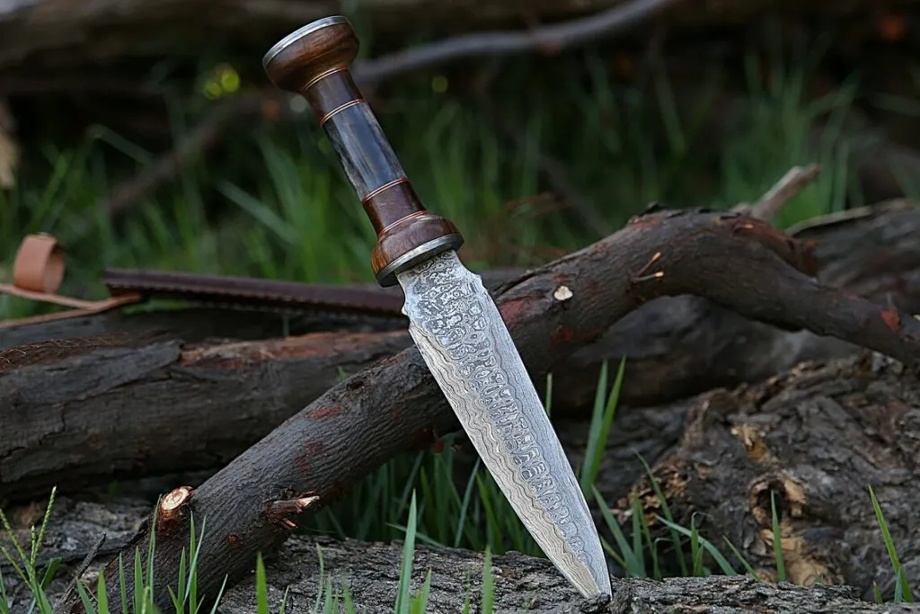 Damascus Dagger Knife — Hand-Forged, Bone Handle, Leather Sheath - view 2