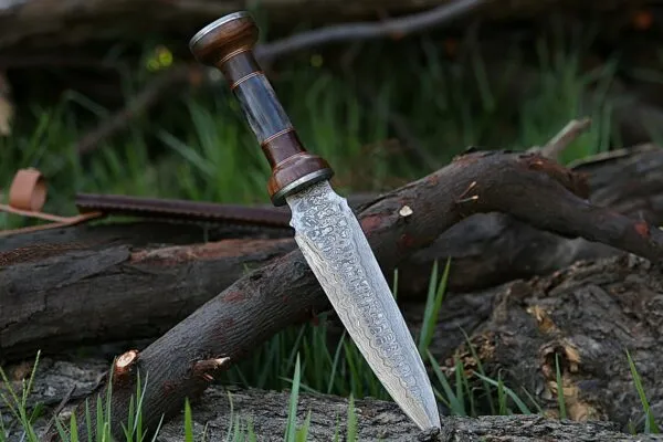 Damascus Dagger Knife — Hand-Forged, Bone Handle, Leather Sheath - view 2