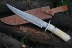 Damascus Bowie Knife — Hand-Forged, Camel Bone Handle, Leather Sheath (RK-489) - Image 6