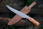 Damascus Bowie Knife — Hand-Forged, Bone Handle, Leather Sheath (RK-491) - Image 3