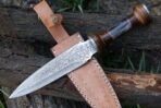 Damascus Dagger Knife — Hand-Forged, Bone Handle, Leather Sheath